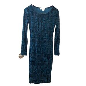 SANS SOUCI Velvet Flocked Geometric Long Sleeve Midi Dress, Teal SIZE S